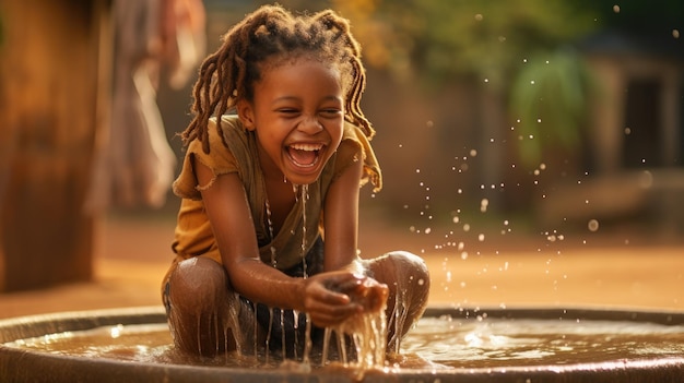 Un enfant africain tend les mains vers un récipient d’eau propre