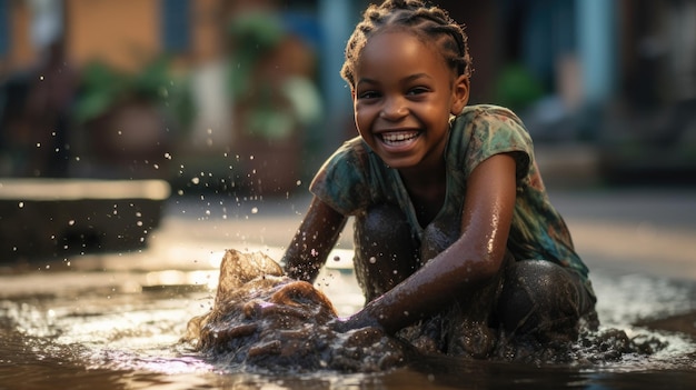 L'enfant africain tend ses mains vers un récipient d'eau propre