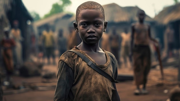 Enfant africain d'un village pauvre d'Afrique avec un regard triste Created with AI