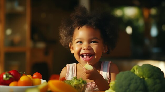 Un enfant afro-américain heureux mangeant des légumes frais verts avec une peau saine et radieuse à la maison