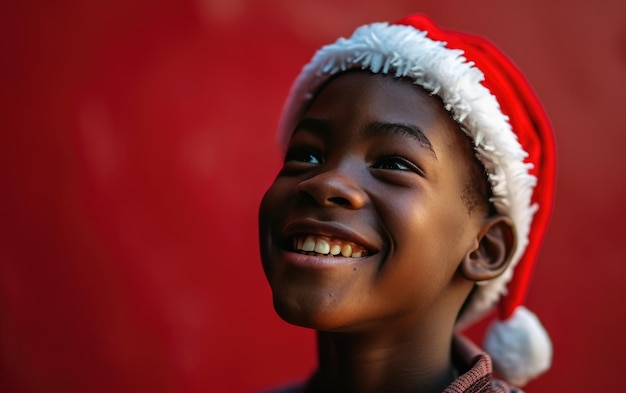 Un enfant afro-américain heureux portant un chapeau de Père Noël en arrière-plan de Noël