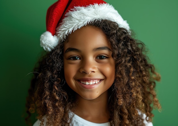Un enfant afro-américain heureux portant un chapeau de Père Noël en arrière-plan de Noël