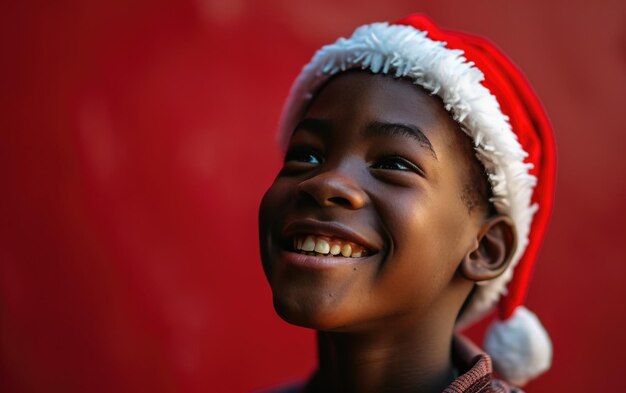 Un enfant afro-américain heureux portant un chapeau de Père Noël en arrière-plan de Noël