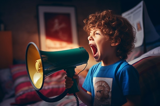 un enfant afro-américain parlant avec un mégaphone sur fond bokeh