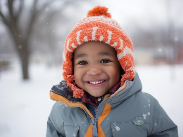 Un enfant afro-américain profite d'une journée enneigée d'hiver dans une posture émouvante et dynamique.