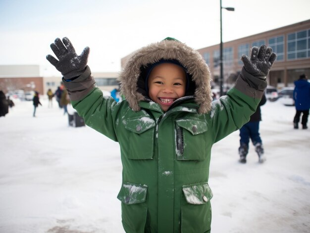 Un enfant afro-américain profite d'une journée enneigée d'hiver dans une posture émouvante et dynamique.