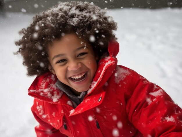 Un enfant afro-américain profite d'une journée enneigée d'hiver dans une posture émouvante et dynamique.