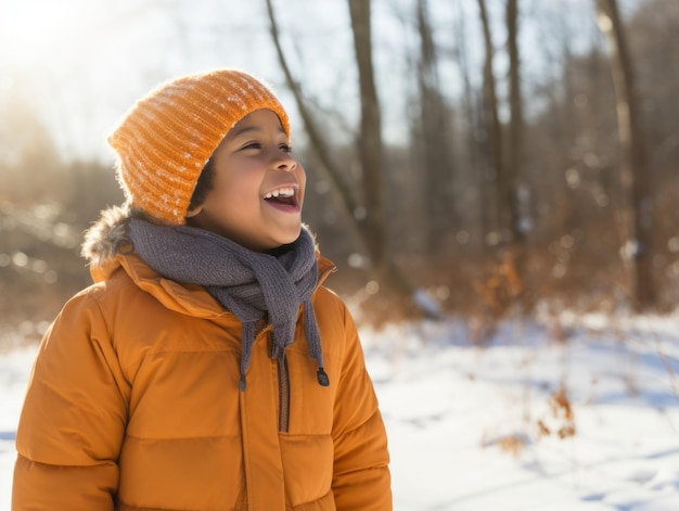 Un enfant afro-américain profite d'une journée enneigée d'hiver dans une posture émouvante et dynamique.