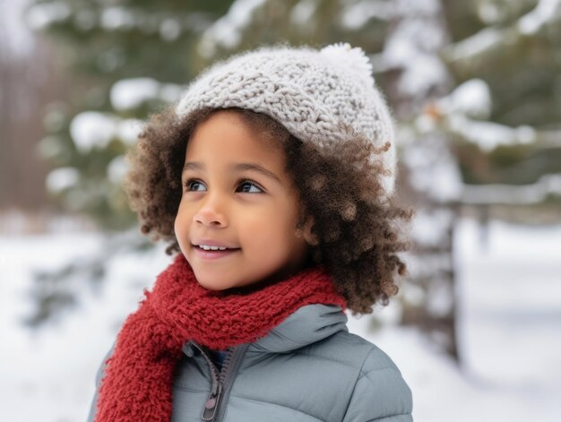 Un enfant afro-américain profite d'une journée enneigée d'hiver dans une posture émouvante et dynamique.