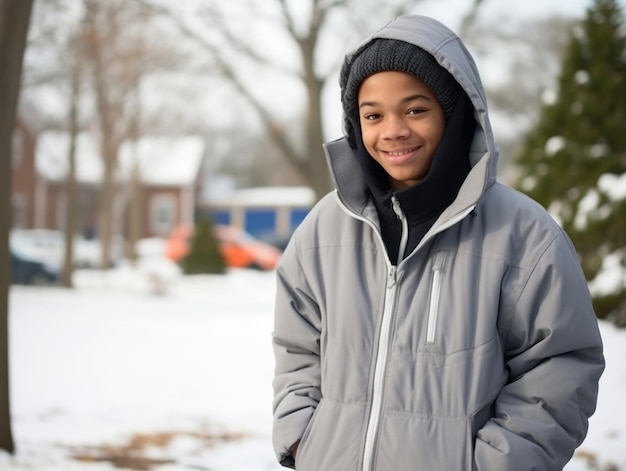 Un enfant afro-américain profite d'une journée enneigée d'hiver dans une posture émouvante et dynamique.