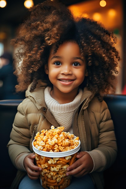 Une enfant afro-américaine drôle et ridicule mange du pop-corn au caramel.