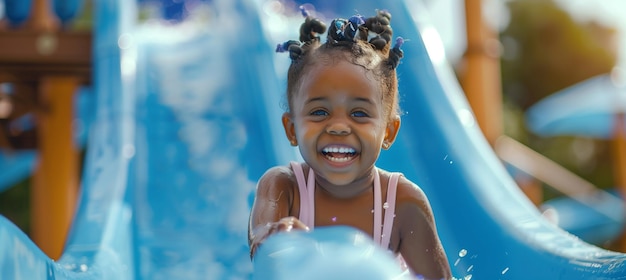 Une enfant afro-américaine heureuse riant et glissant sur un toboggan d'eau bleu dans un parc aquatique