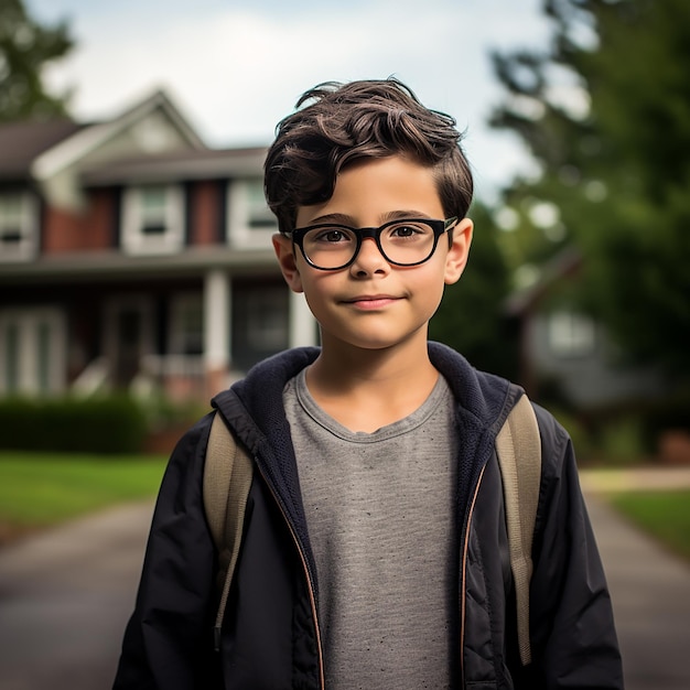 Un enfant d'âge moyen avec des cheveux noirs et des lunettes à cadre noir devant une maison