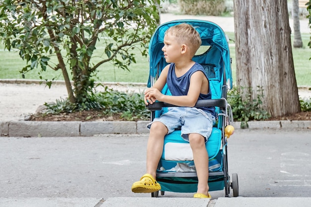Enfant d'âge préscolaire fronce les sourcils assis dans la poussette bleue du petit frère marchant dans le parc