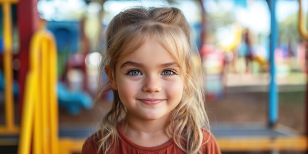 Photo enfant d'âge préscolaire heureux enfant sur un terrain de jeu à l'extérieur