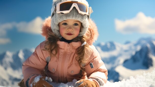 enfant d'âge préscolaire en snowboard sur la montagne photo de haute qualité