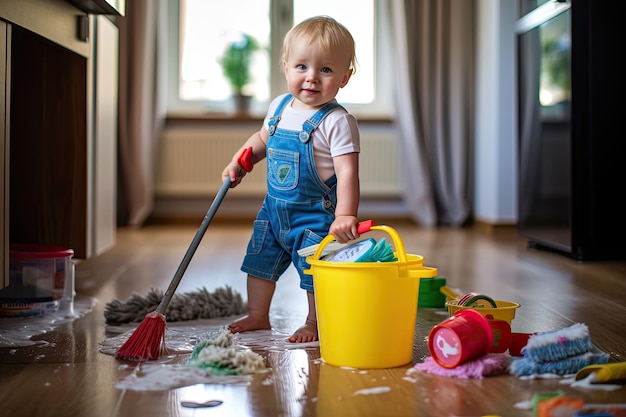 enfant aide à laver le sol avec un balai prise de vue intérieure d'un mignon bébé aidant à nettoyer la maison