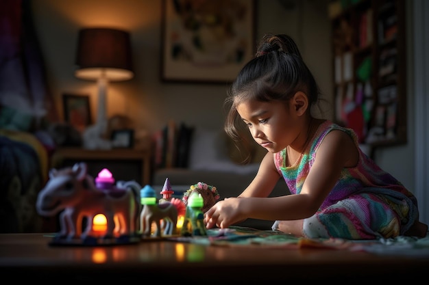 Enfant amérindien féminin jouant avec un jouet dans le salon Generative AI AIG23