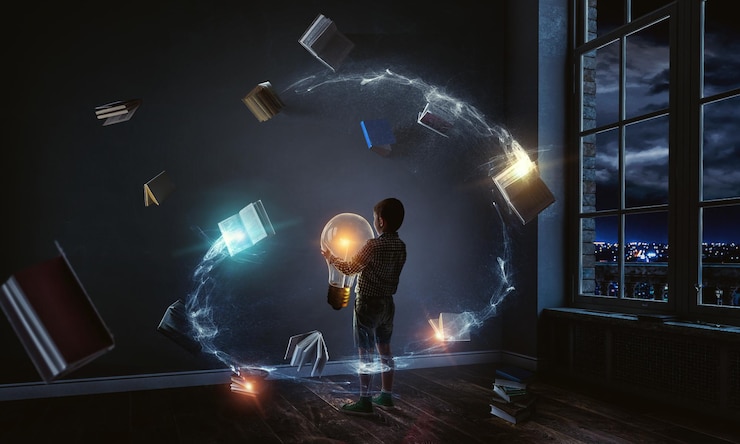 Photo enfant avec une ampoule. technique mixte