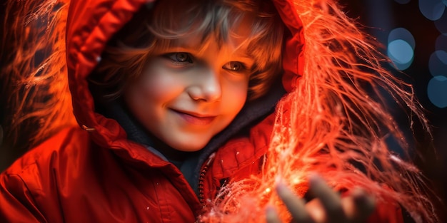 L'enfant amusant de l'hiver en veste rouge brille