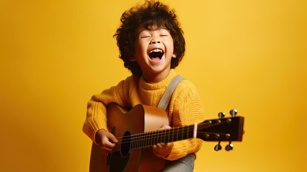 un enfant amusant jouant de la guitare et chantant sur un fond jaune