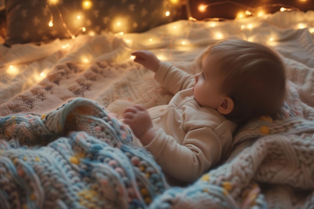 Un enfant d'un an sur un lit de couvertures douces avec des lumières de fées