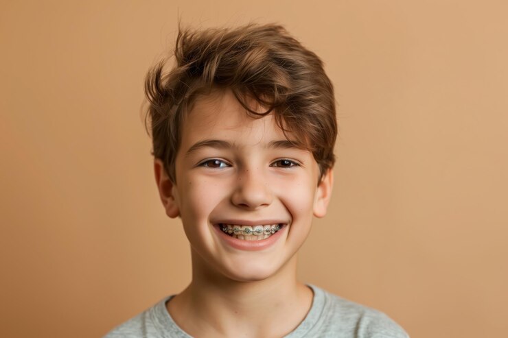 Un enfant avec un appareil orthopédique souriant sur un fond beige