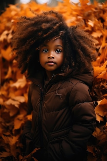 Un enfant d'apparence afro-américaine se tient sur fond de feuilles de plantes jaunies