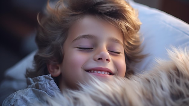 Enfant appréciant de doux rêves Enfant dormant dans le lit Matelas confortable sur la chambre à coucher oreiller doux confortable confortable concept de lit confortable Enfants en bonne santé dormant