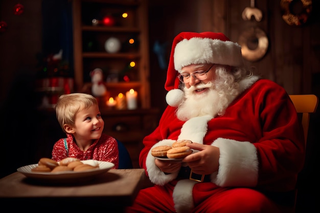 Un enfant apprécie et partage des biscuits de Noël avec le Père Noël dans son salon.