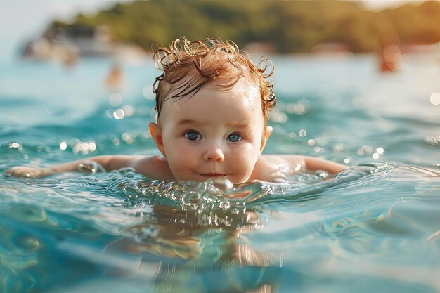 Photo un enfant apprend à nager indépendamment dans l'eau de mer