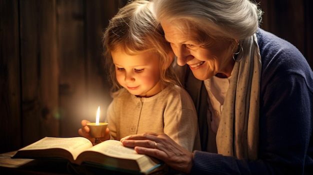 Un enfant apprend la religion en étudiant la Bible pendant le culte familial