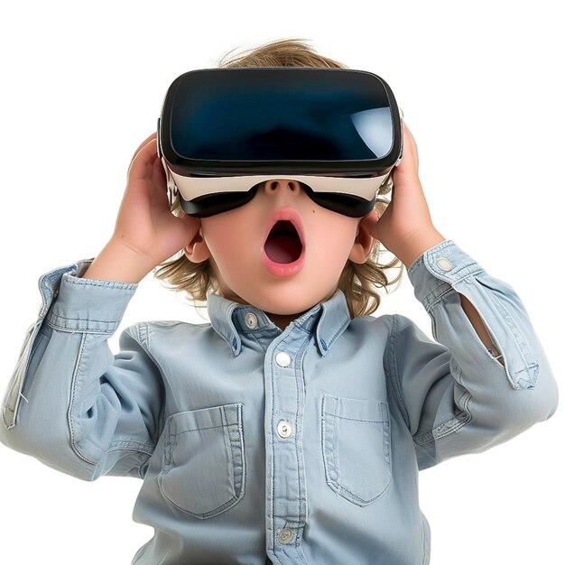 Photo un enfant arafed portant un casque de réalité virtuelle et tenant une application vr de téléphone