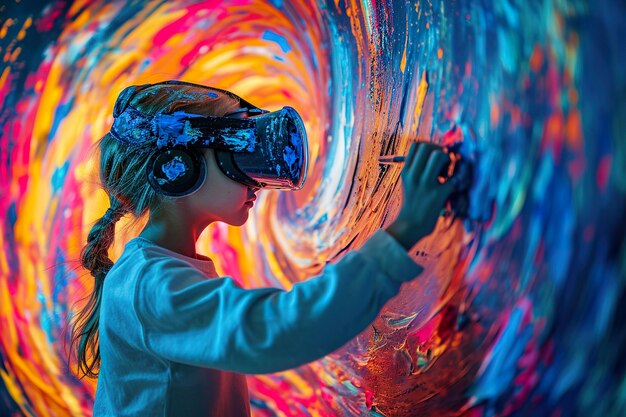 Photo un enfant artiste peint en portant un casque de réalité virtuelle