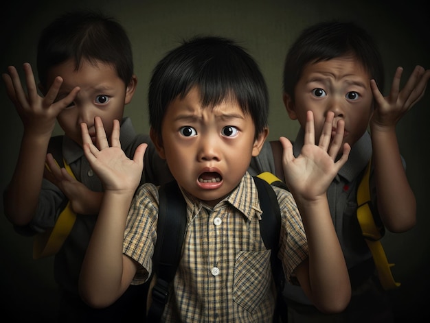 Enfant asiatique dans une pose dynamique émotionnelle à l'école