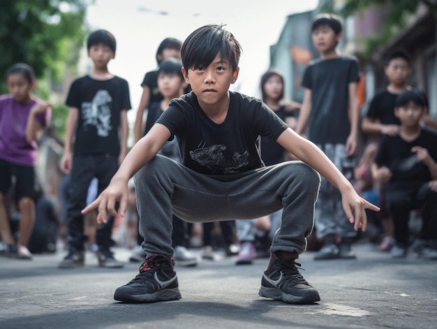 Enfant asiatique dans une pose dynamique émotionnelle à l'école
