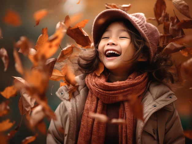 Enfant asiatique dans une pose dynamique émotionnelle sur fond d'automne