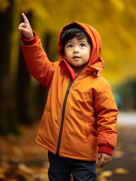 Enfant asiatique dans une pose dynamique émotionnelle sur fond d'automne