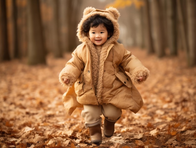 Enfant asiatique dans une pose dynamique émotionnelle sur fond d'automne