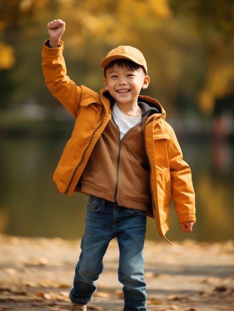 Enfant asiatique dans une pose dynamique émotionnelle sur fond d'automne