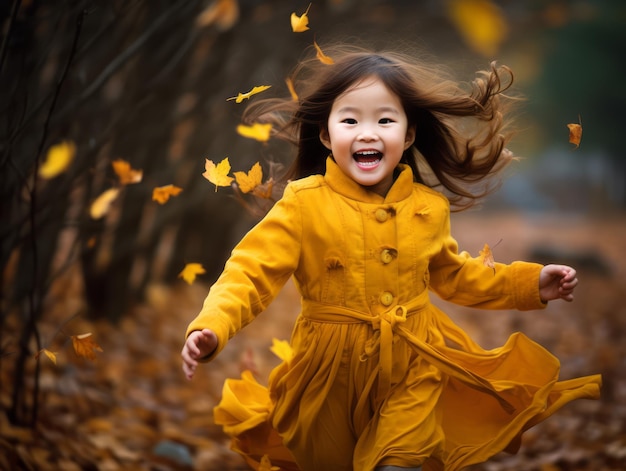 Enfant asiatique dans une pose dynamique émotionnelle sur fond d'automne