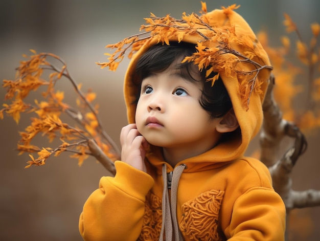 Un enfant asiatique dans une pose dynamique émotionnelle sur un fond d'automne