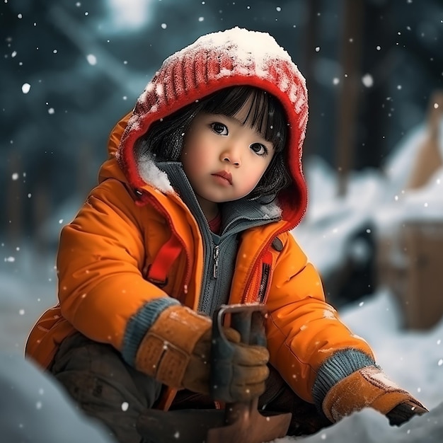 Photo l'enfant asiatique dans la veste rouge et les mites orange est assis dans la neige à côté d'une poussée