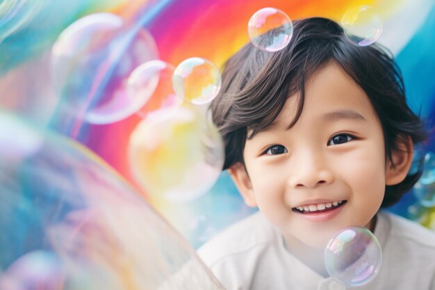 un enfant asiatique heureux et souriant sur un fond coloré avec un ballon de savon arc-en-ciel avec un gradient