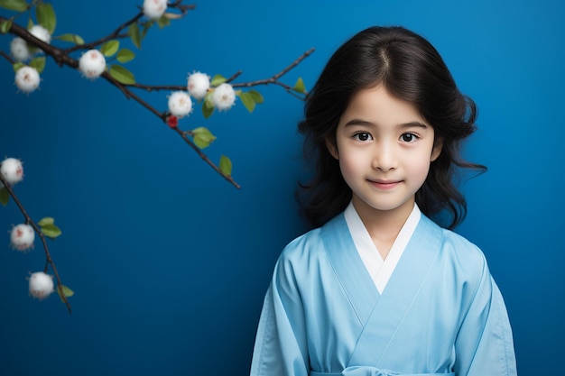 Enfant asiatique souriant devant une toile bleue IA générative