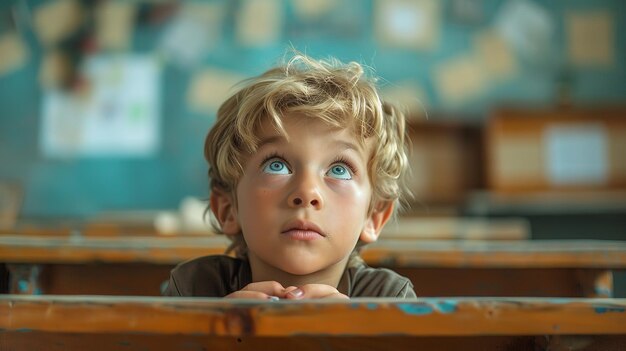 Photo un enfant assis dans sa classe et craignant l'expression de type oublie d'apporter des devoirs ou des livres d'ia générative