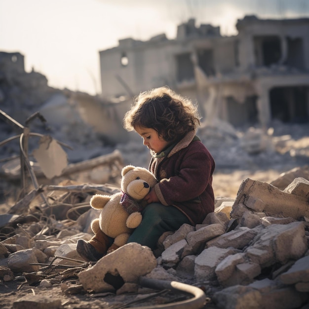 Un enfant assis sur une pile de décombres tenant un ours en peluche