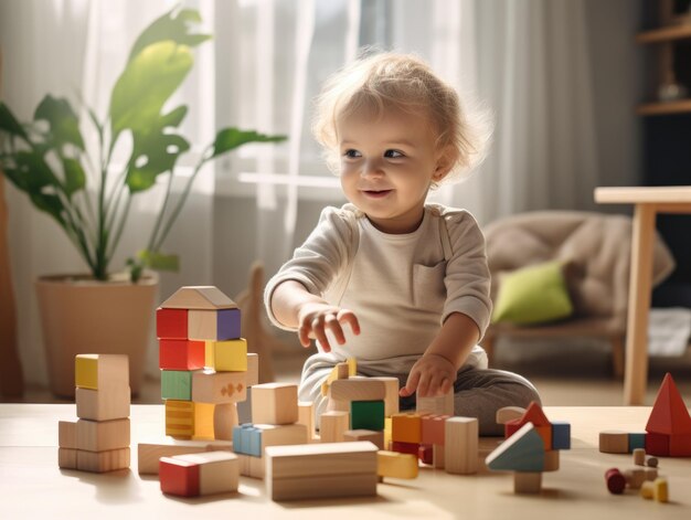 Photo enfant assis sur le sol jouant avec des blocs