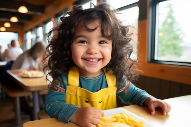 un enfant assis à une table avec une assiette de nourriture