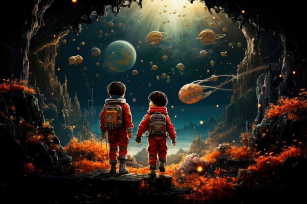 Un enfant astronaute enthousiaste se lance dans une aventure cosmique à travers les galaxies vibrantes dans cette imaginaire
